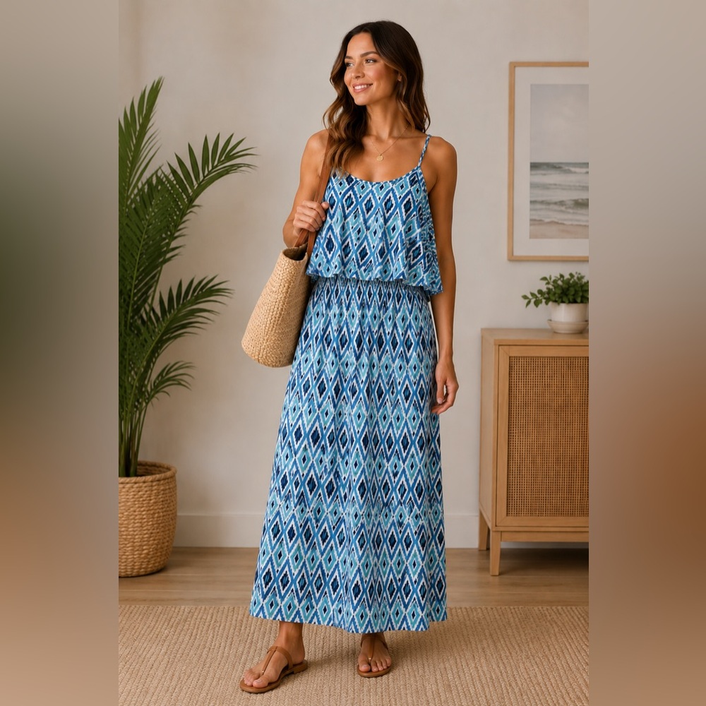 west loop Blue Diamond-Print Spaghetti-Strap Maxi Dress